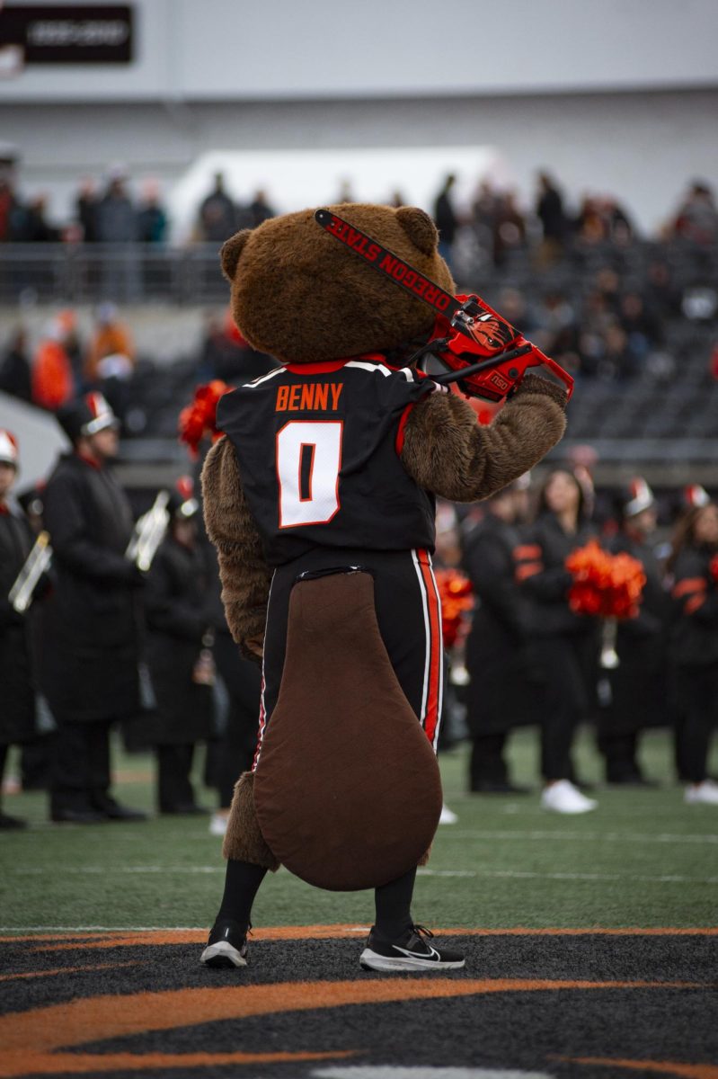 Benny Beaver prepares to greet the players before they take the field against Washington State at Reser Stadium on Nov 23.