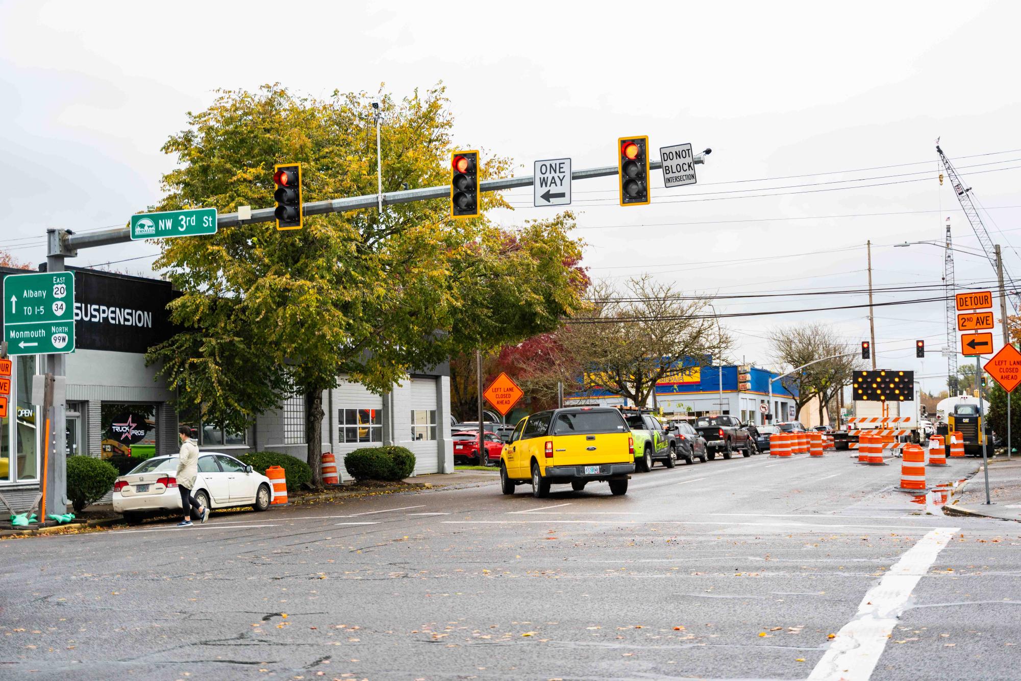 On Nov 4, 2024, traffic is seen on NW Van Buren Avenue due to the construction of the Willamette Bridge