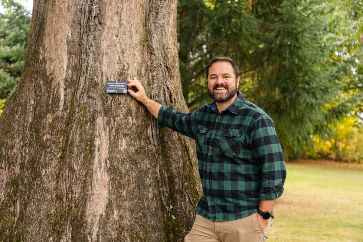 OSU Campus Arboretum Curator and Department of Horticulture Instructor Dan Blanchard poses next to a Dawn Redwood tree near Community Hall on Oct 18, 2024. The Dawn Redwood tree has been the official state fossil of Oregon since 2005.