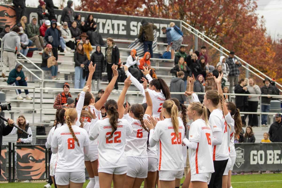 Celebration rumbles from the Paul Lorenz Field after a victory for the OSU Womens Soccer team Nov. 2 2024.