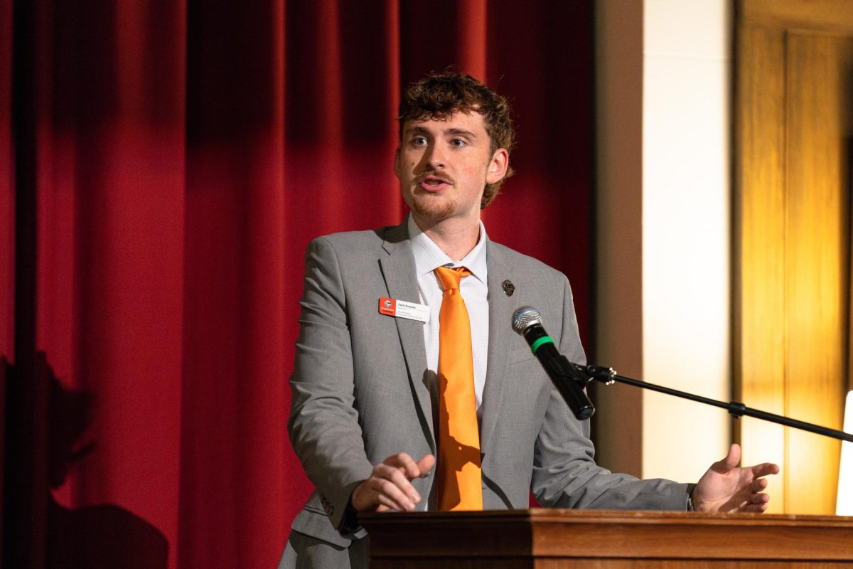 ASOSU Vice President Zach Kowash speaks at the State of the Students Address in the Memorial Union on Nov. 5, 2024.