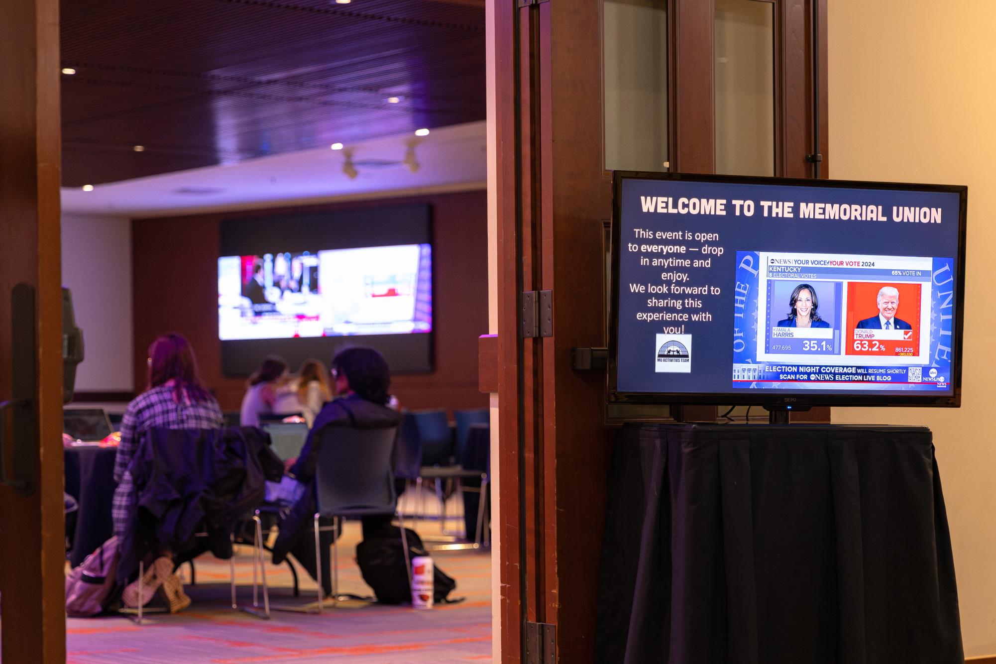 Students sit in the Memorial Union Horizon Room at the Election Night Coverage event on Nov. 5, 2024.