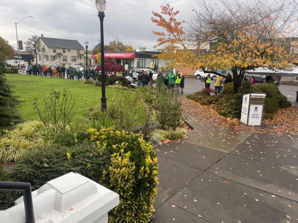 Strikers stand outside of Benton County Courthouse in Corvallis, Nov. 14. 