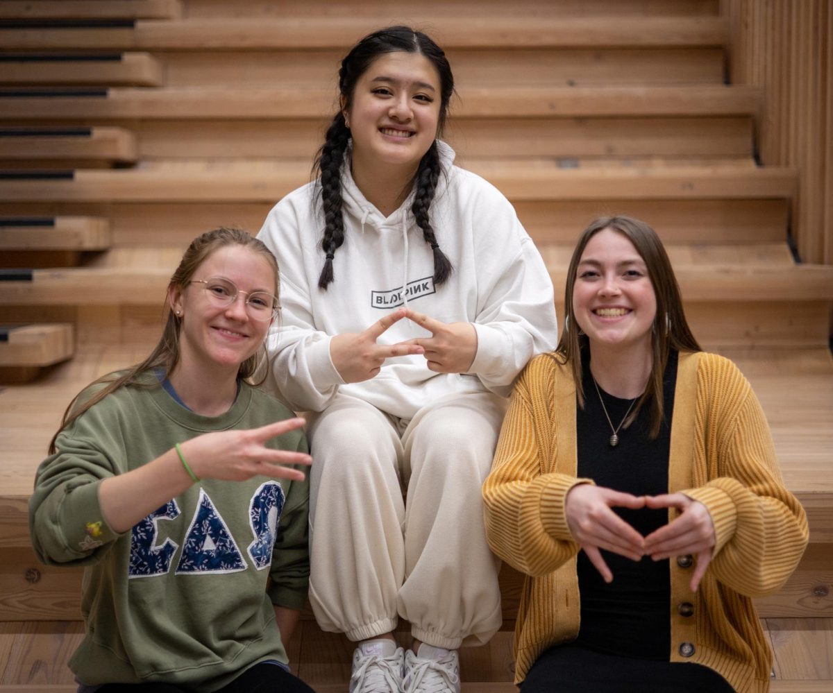 Haeli Rowland (third year, left), Britney Nguyen (fifth year, middle) and Alexa Sullivan
(second year), members of the sorority Sigma Delta Omega (SDO) and students of Oregon
State University, pose for a photograph on the steps of the Peavey Forestry Building in Corvallis
on Oct. 18, 2024. OSU is home to the first and, at-present, only chapter of SDO in the nation,
catering primarily to women in STEM.