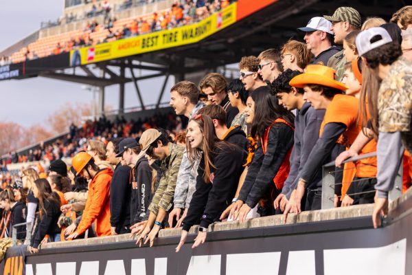 Beavers fans chant “O,S,U” at the Oregon State University versus San Jose State University football game at Reser Stadium on Nov 9, 2024.