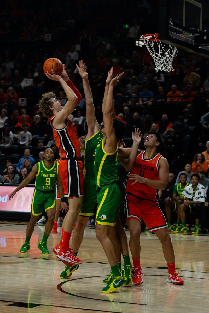 Oregon State’s Liutauras Lelevicius (37) shoots as the Beavers take on University of Oregon Ducks in a college basketball game on Thursday, Nov. 21, 2024, at Gill Coliseum in Corvallis.