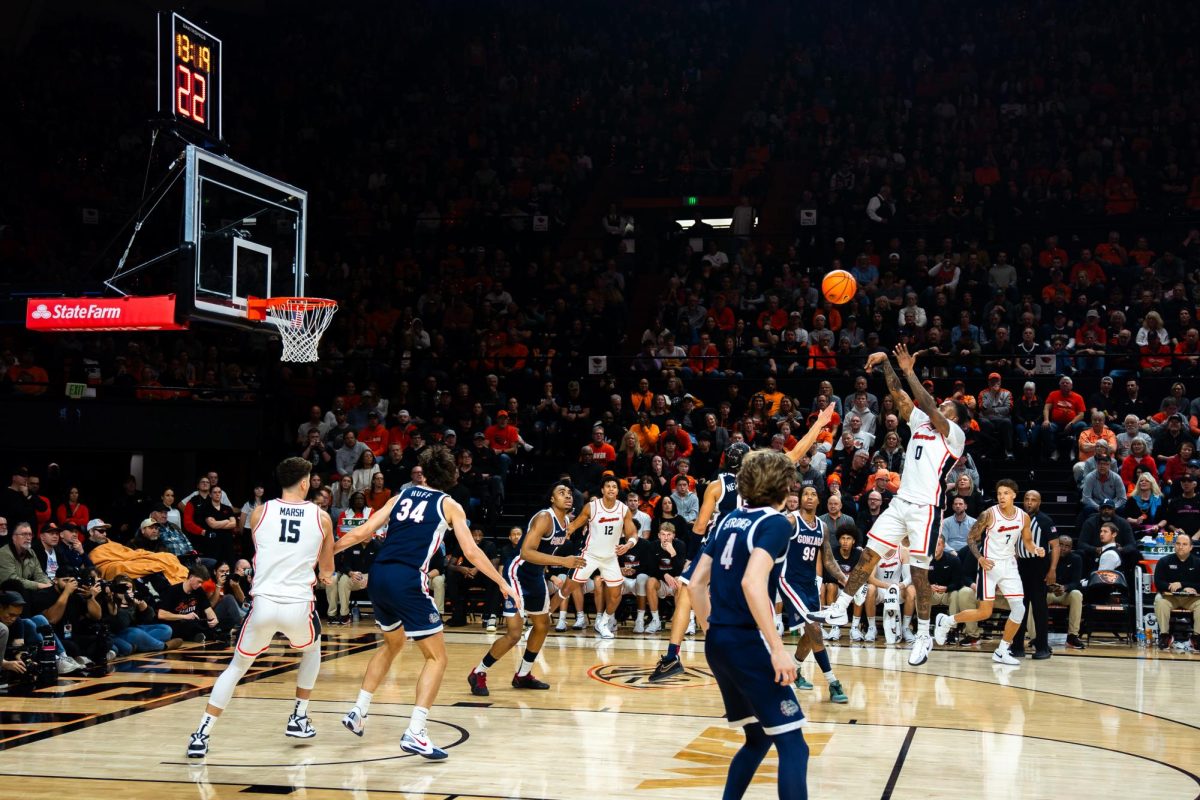 Oregon State’s Demarco Minor (0) shoots as the Beavers take on the Gonzaga Bulldogs in a
college basketball game on Thursday, Jan. 16, 2025, at Gill Coliseum in Corvallis.