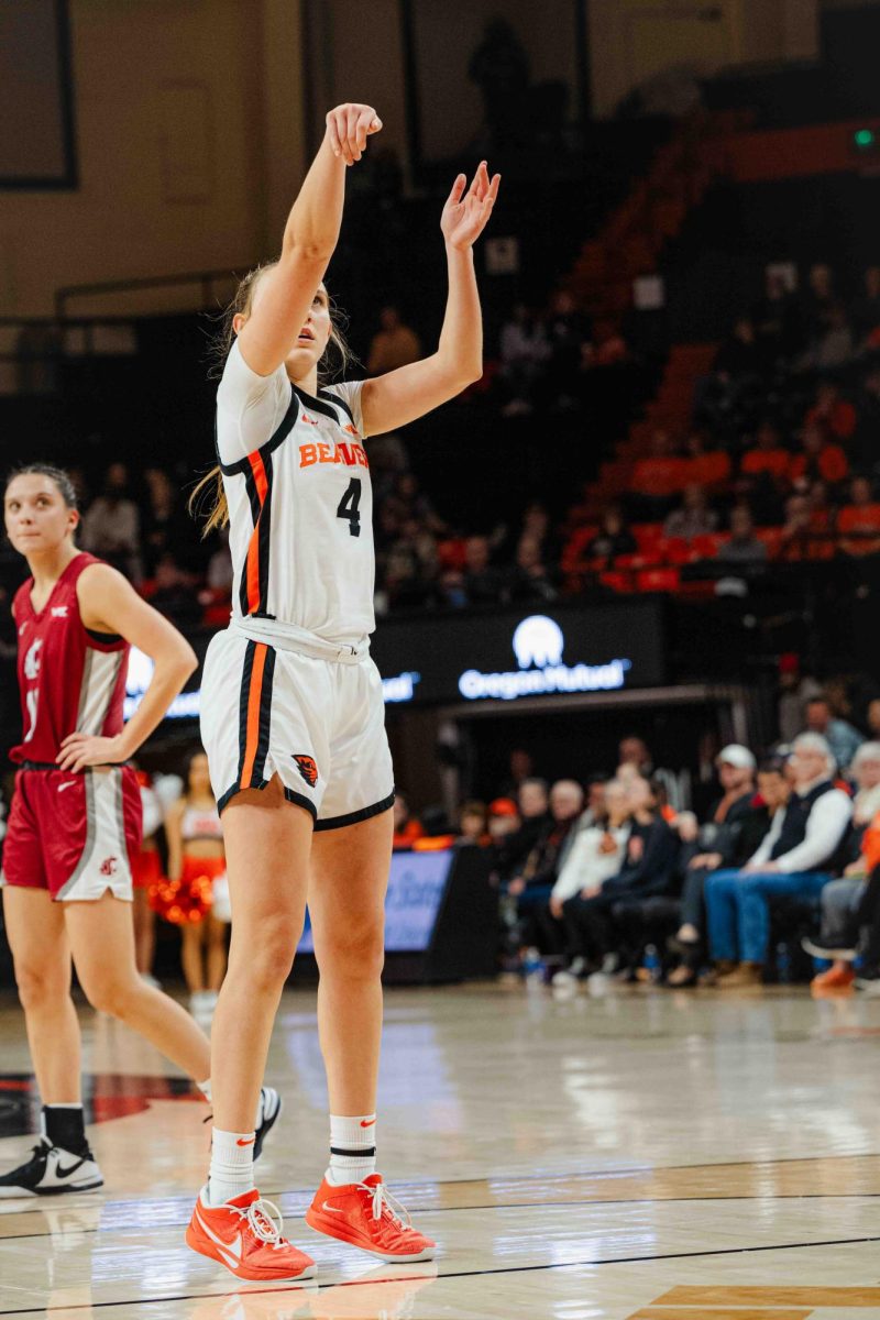 On Jan 27, 2025, freshman guard Ally Schimel (#4) shoots and scores for the Beavers in a game against Washington State at Gill Coliseum