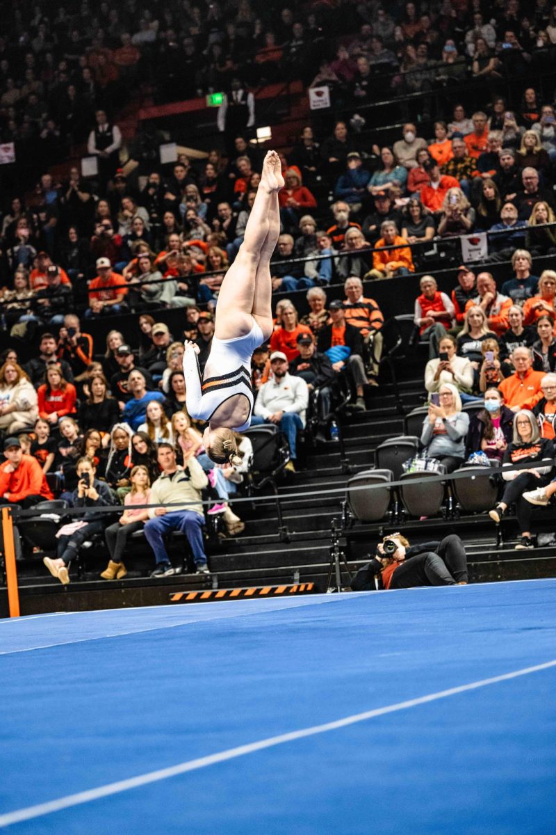 Jade Carey does her final pass of her floor routine on Feb 7, 2025 in Gill Coliseum. She finished off the night in a meet against UC Davis and Alaska.