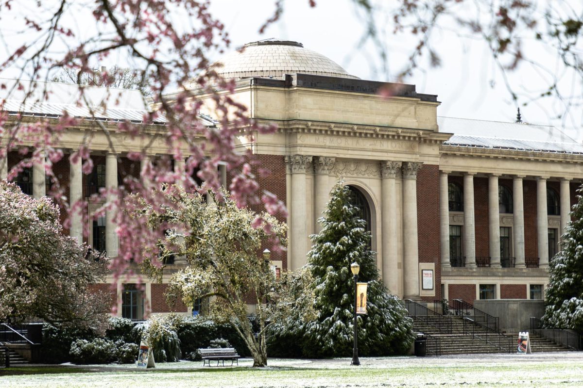 The Memorial Union dusted with snow is seen on the morning of March 1, 2024 at Oregon State University in Corvallis. The OSU Corvallis campus is closed Thursday due to inclement weather. 