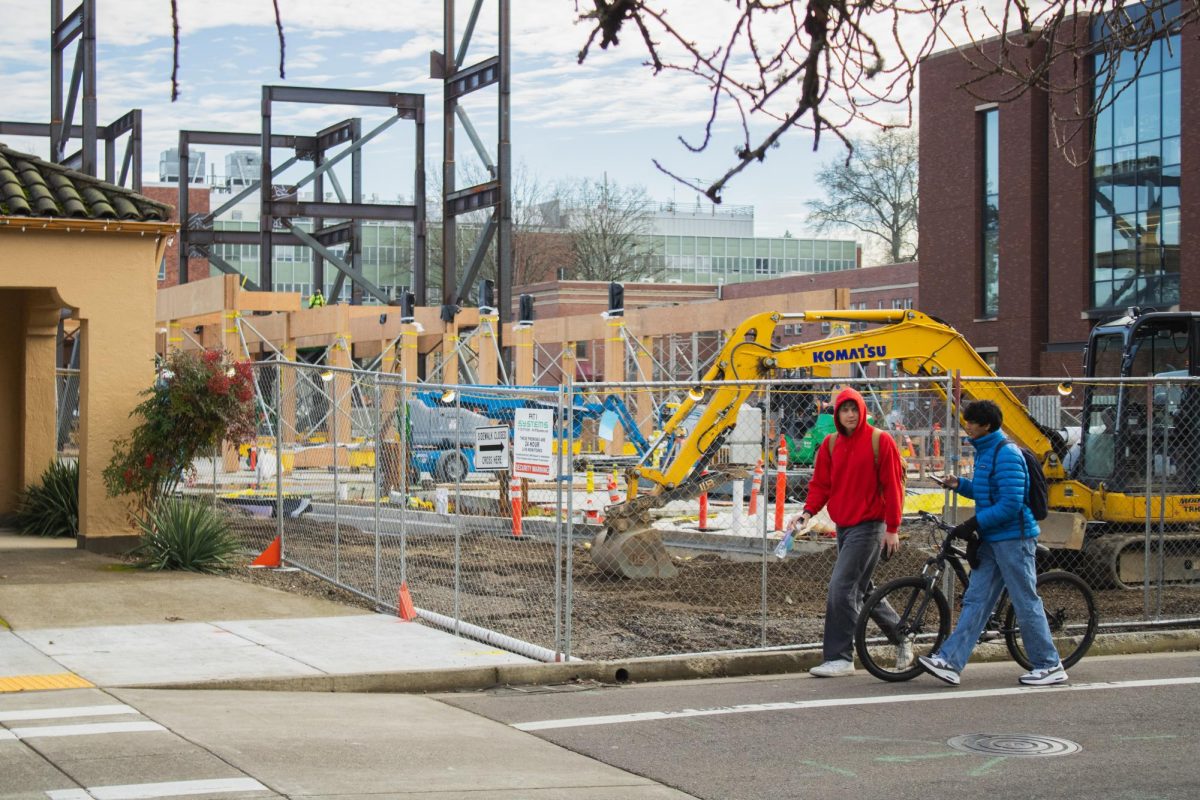 Students walk by the construction on the Huang Collaborative Innovation Complex at Oregon State University on Jan. 8th. Weniger Hall, located behind the complex, is scheduled for demolition in 2028 and will be replaced by a transit hub and plaza.