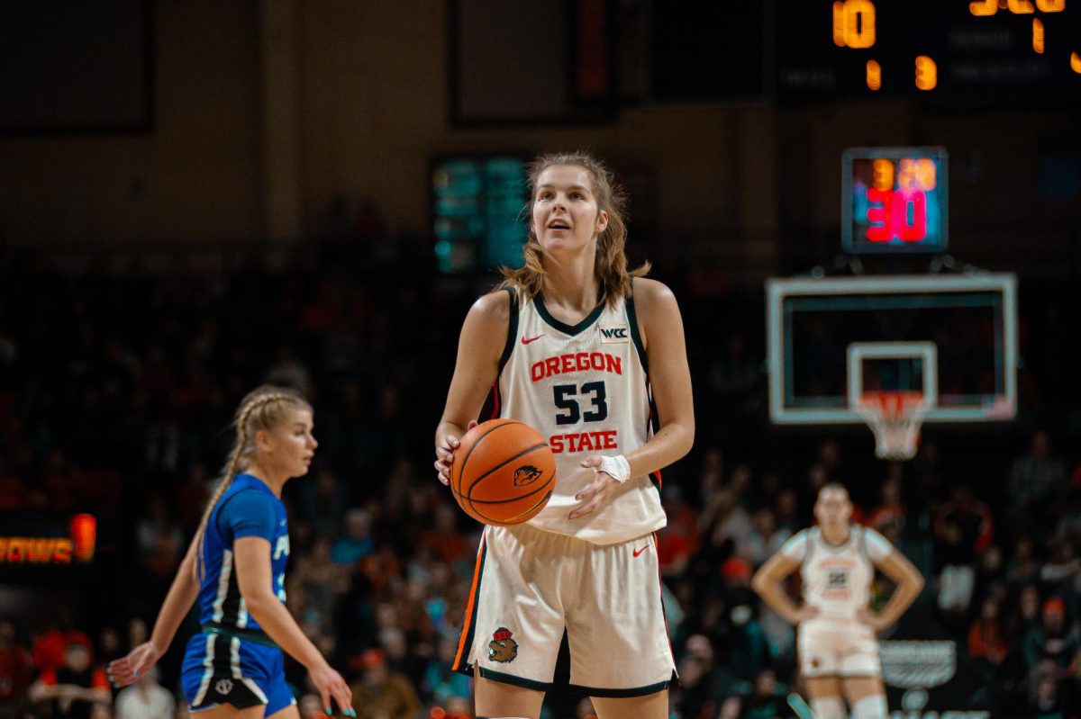 Forward Kelsey Rees (53) prepares for a free throw at the line in Gill Coliseum on Jan 18th, 2025.