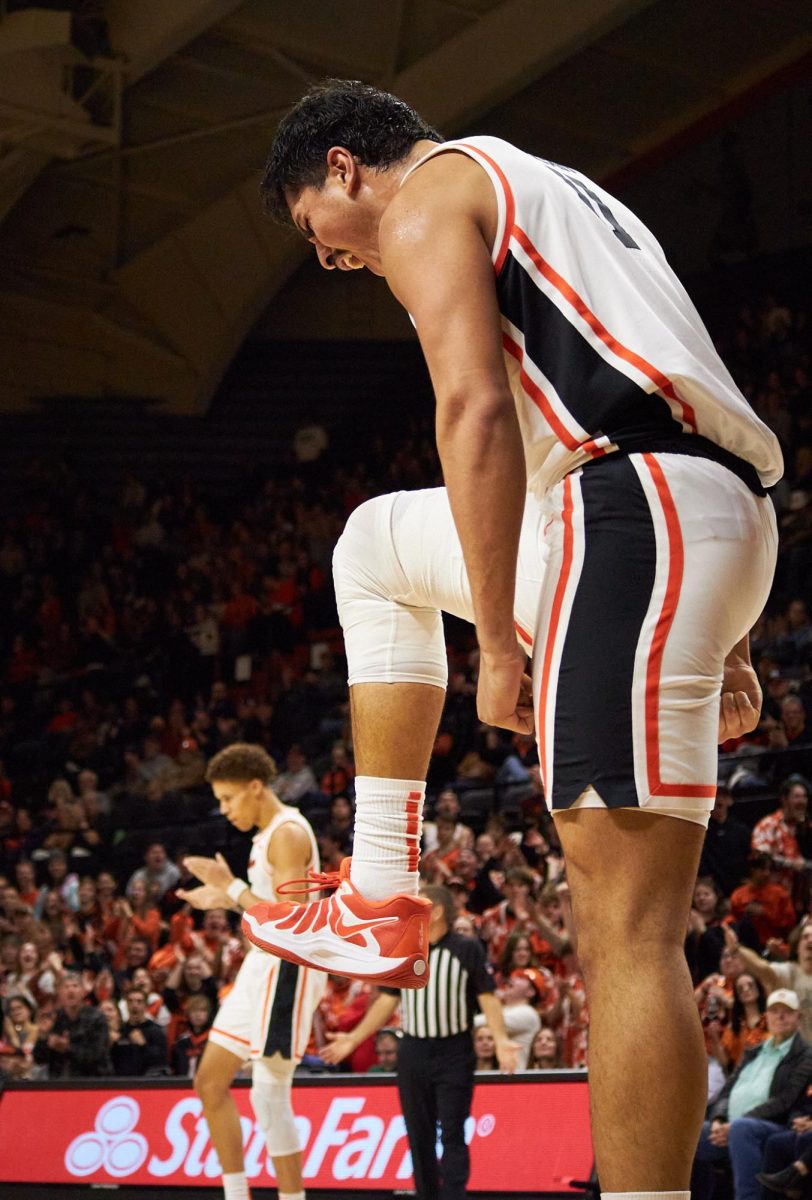 Junior forward Parsa Fallah celebrates a bucket in the paint in the second half against Washington State in Gill Coliseum on Feb 6, 2025. Fallah shot 60% from the field and racked up the second-highest point total with 17.