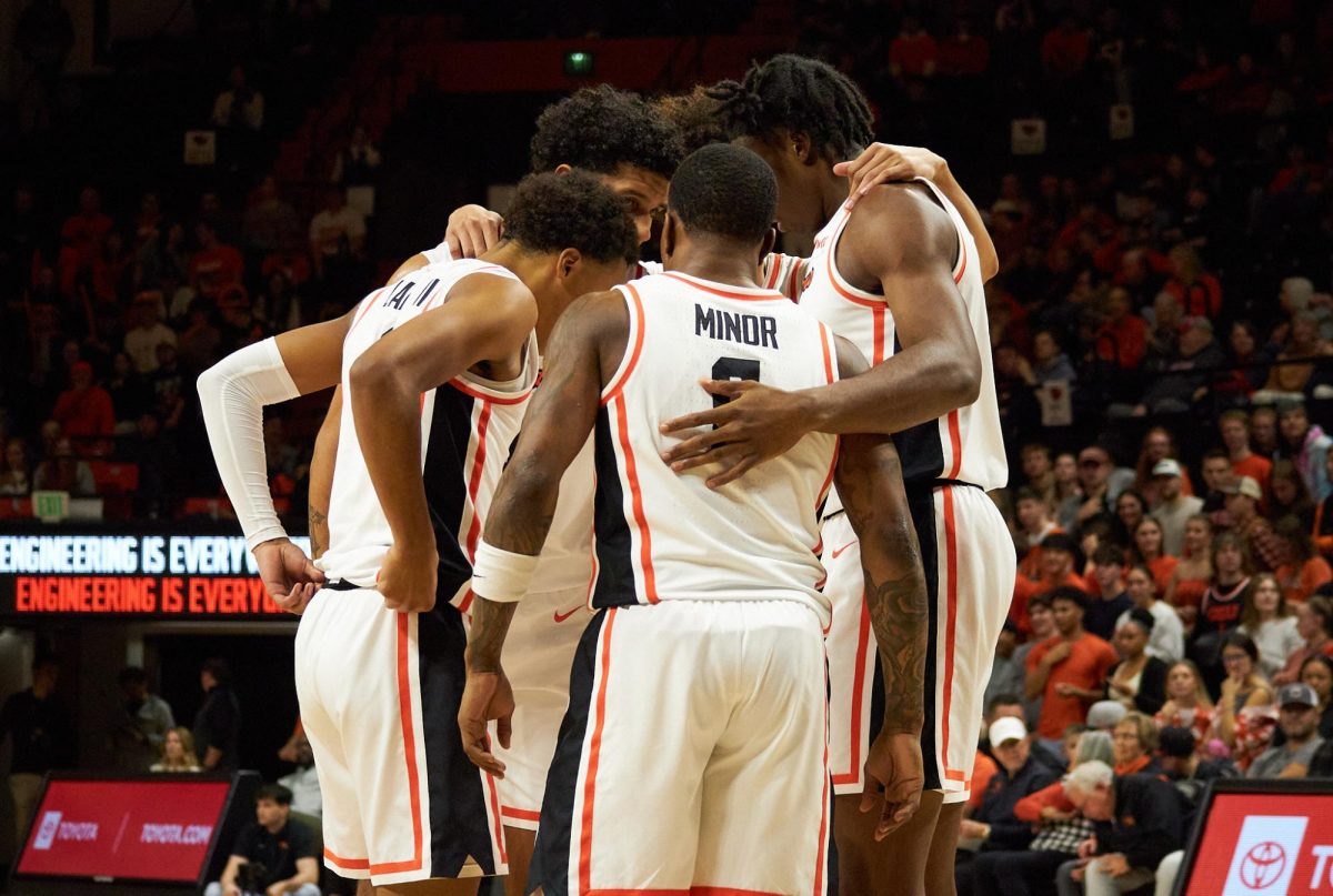 The 5 on the floor for the Beavers come together to strategize in the second half against Washington State in Gill Coliseum on Feb 6, 2025. The Beavers hosted and defeated Pacific on Feb 15, 2025.