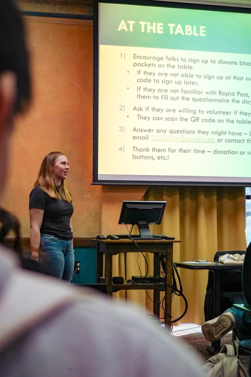 On Jan. 27, Natalie Cheal informs members of their tabling duties for the upcoming on-campus blood drive. The first campus blood drive is set for Feb. 10-13.