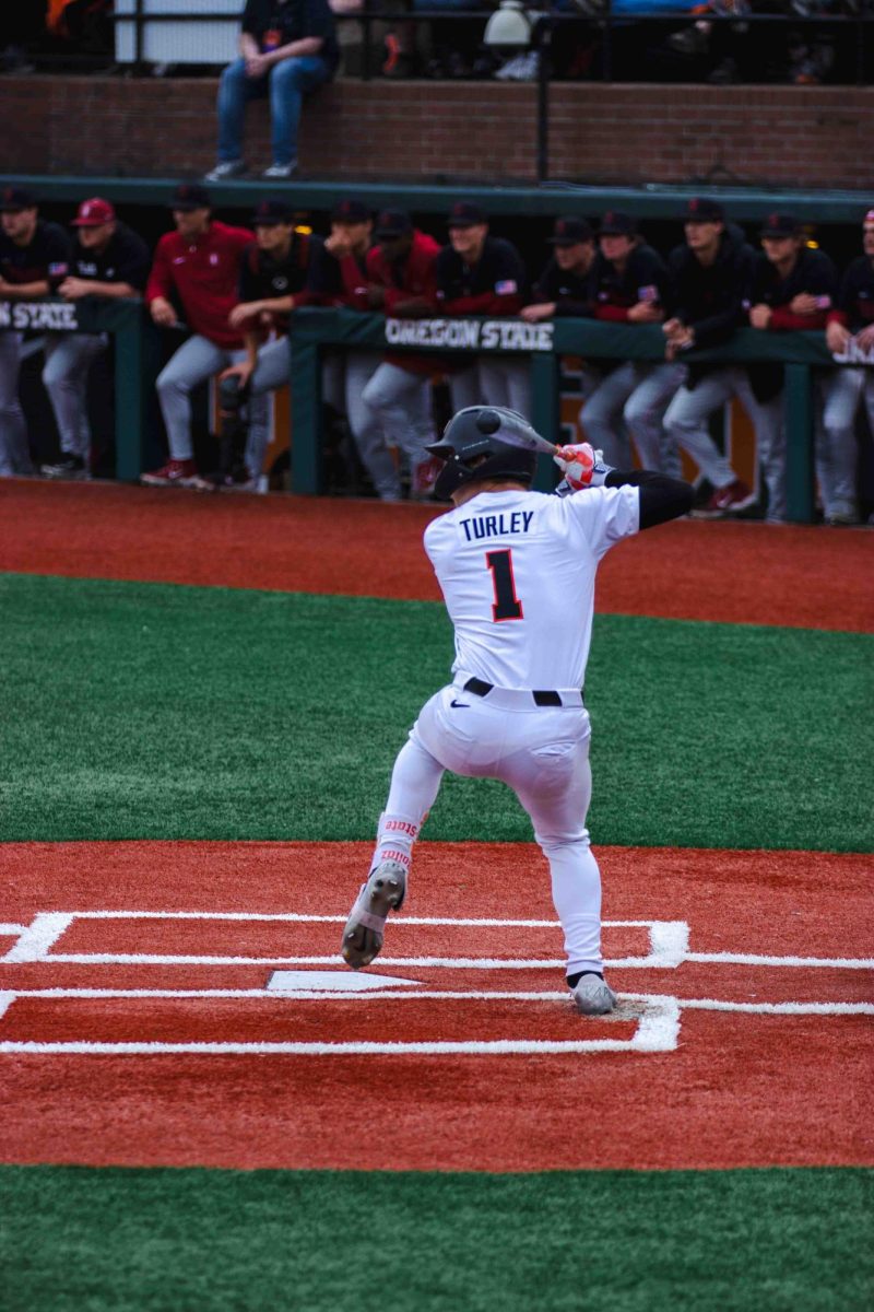 OSU OF Gavin Turley stares down the pitch against the Stanford Cardinals at Goss Stadium in Corvallis OR on April 12 2024.