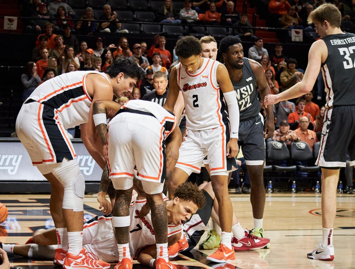 Junior guard Nate Kingz reacts emotionally to a foul committed by a Washington State player in Gill Coliseum on Feb 6, 2025. The Beavers capitalized on the foul trouble that Washington State was in by sinking 30 of their 38 free throw attempts.