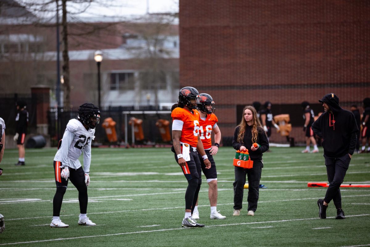 OSU QB Maalik Murphy (6) gets ready to have the ball snapped to him for drills. The Beavers worked hard during their Tuesday morning practice on March 11, 2025 at Prothro Field in Corvallis.