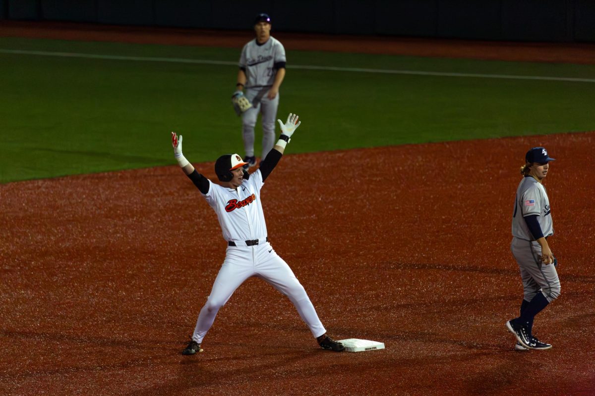 OSU INF Trent Caraway (44) celebrates after a huge double against San Diego at Goss Stadium in Corvallis on March 7, 2025.