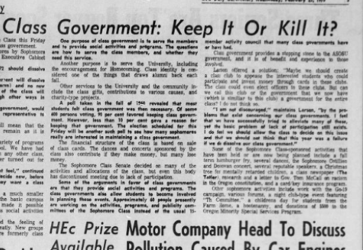 Newspaper clipping from February 25, 1970 in the Daily Barometer showing an article written by Bob Allen, past Barometer Editor. This article was written to spotlight both the student body’s lack of participation with student government at the time in conjunction with their class representatives response. [It’s important to note ASOSU was not structured identically to today’s standards, likely having a president on behalf of each class work together as one entity as opposed to one president representing all classes.]