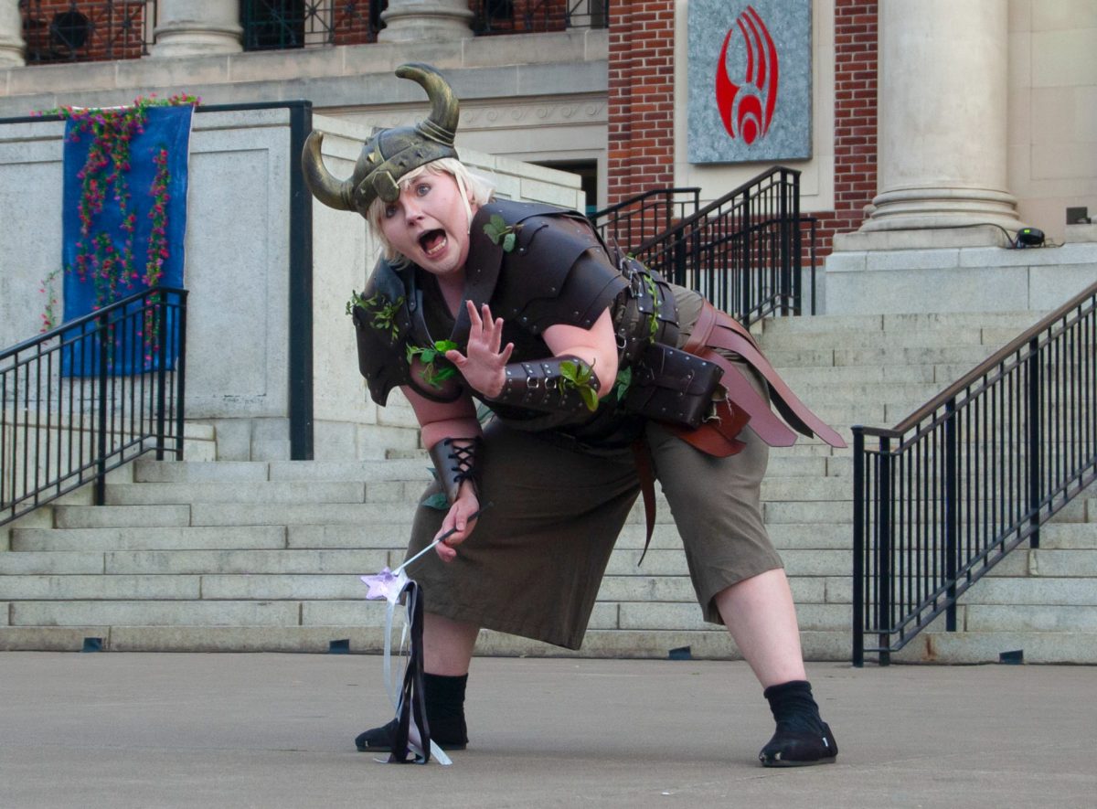 Actress Sophia Brown in her role as Puck in A Midsummer Night’s Dream during the
opening performance of Bard in the Quad’s twentieth production in front of the Memorial Union in Corvallis on July 31. Brown has been acting in Bard for the past five years.