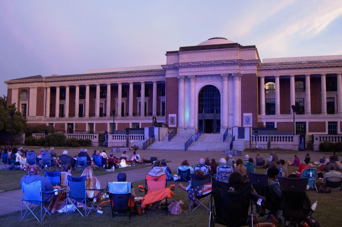The audience gathered for the opening performance of Bard in the Quad’s twentieth production A Midsummer Night’s Dream in front of the Memorial Union in Corvallis on July 31. In the far background you can just barely make out Addison Hoppe as Oberon and Sophia Brown as Puck on top of the steps.
