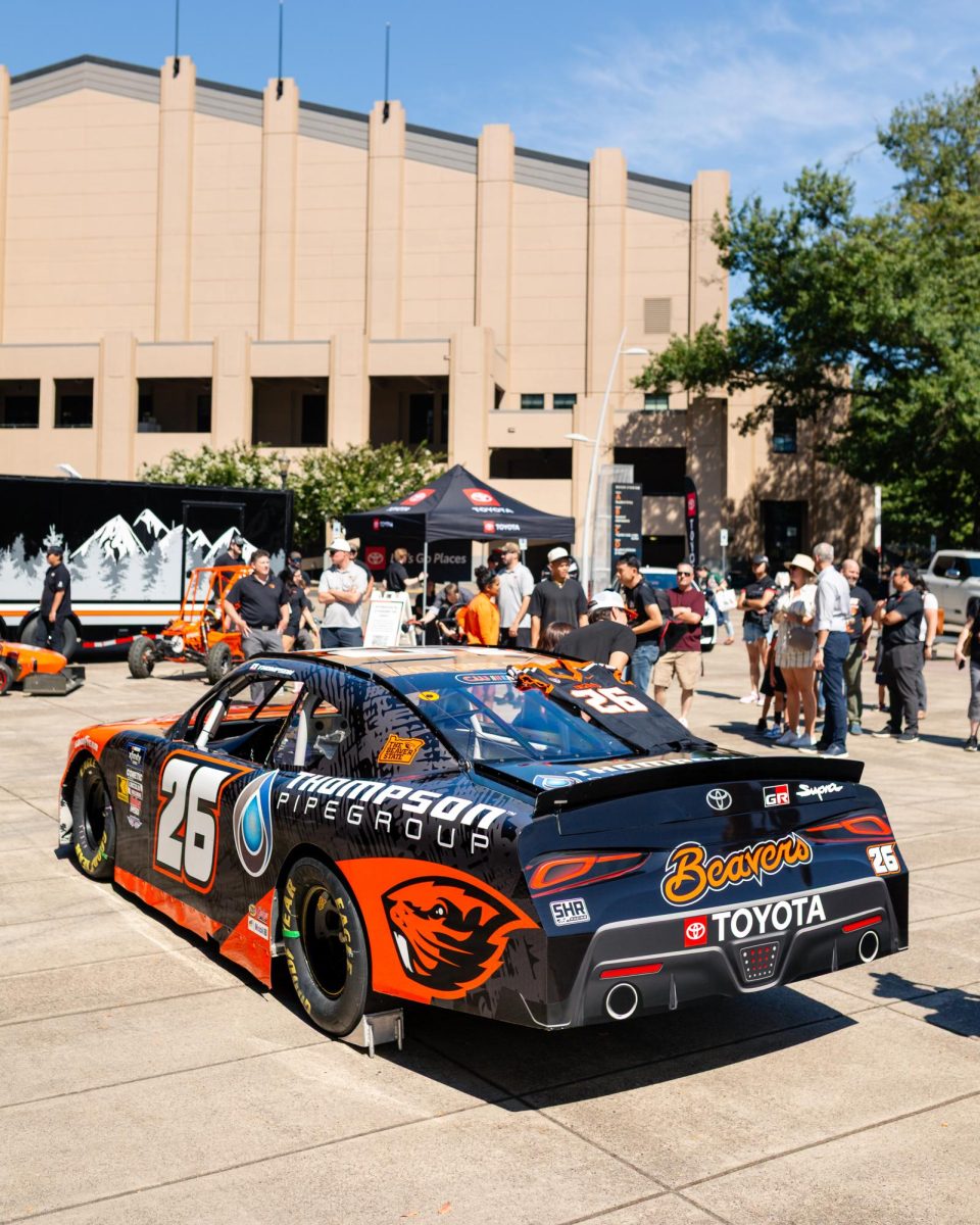 Oregon State fans check out the Oregon State University NASCAR that will be raced by Dean Thompson tomorrow, Aug 30, 2025. The event was held on Aug 29 in front of Reser Stadium in Corvallis.