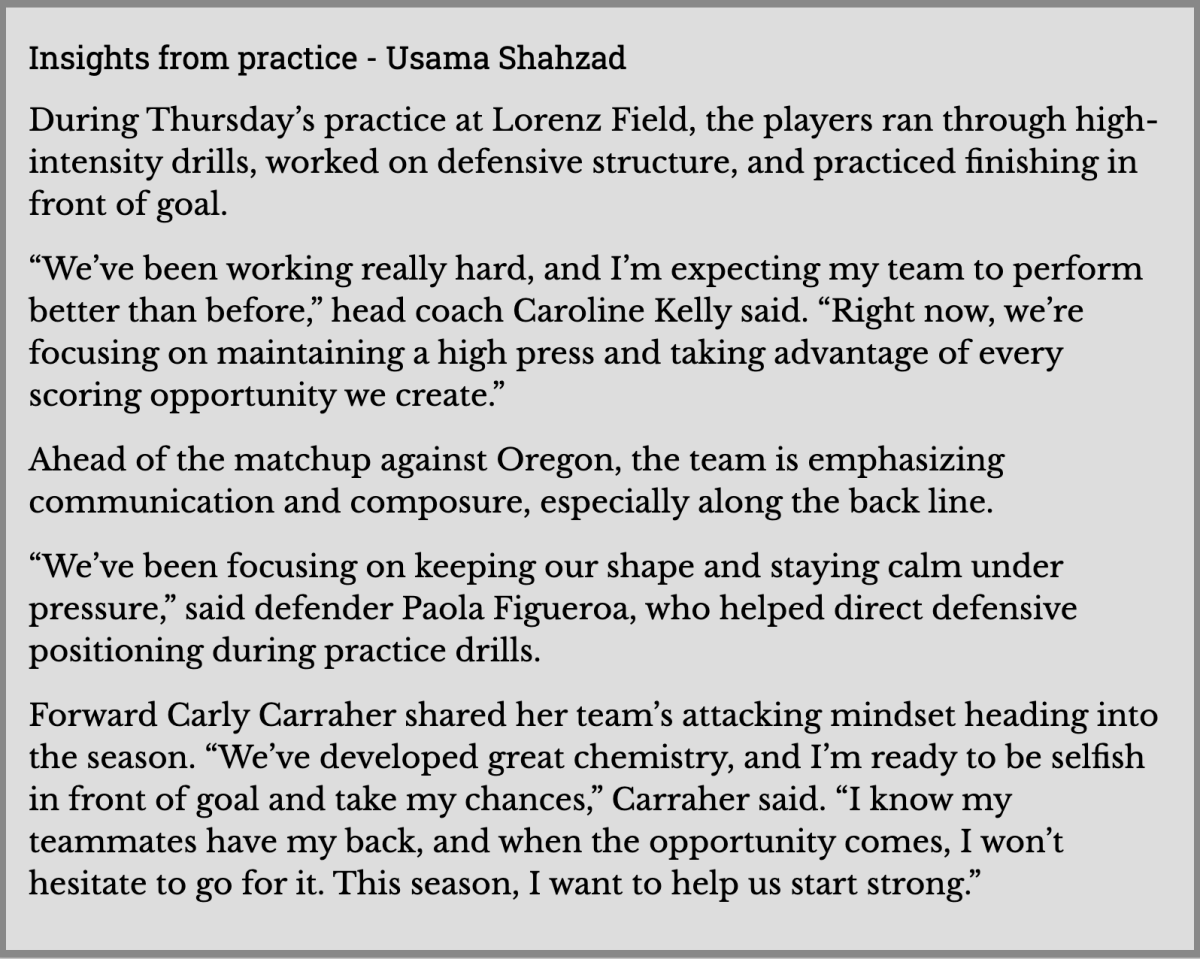 Information from OSU's practice session on Thursday. The Beavers began to meet in July to prepare for their season.
