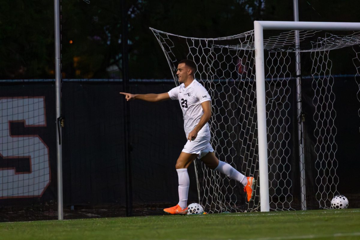 OSU Defender Fernando Hernandez (23) celebrates after scoring a goal against Fullerton. Oregon State beat Fullerton 4-2 at Lorenz Field in Corvallis on Sep 4, 2025.