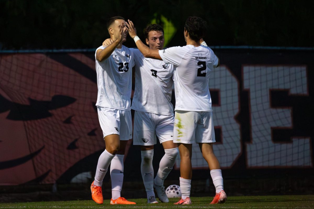 OSU Defender Fernando Hernandez (23) celebrates with teammates after scoring a goal against Fullerton. Oregon State beat Fullerton 4-2 at Lorenz Field in Corvallis on Sep 4, 2025.