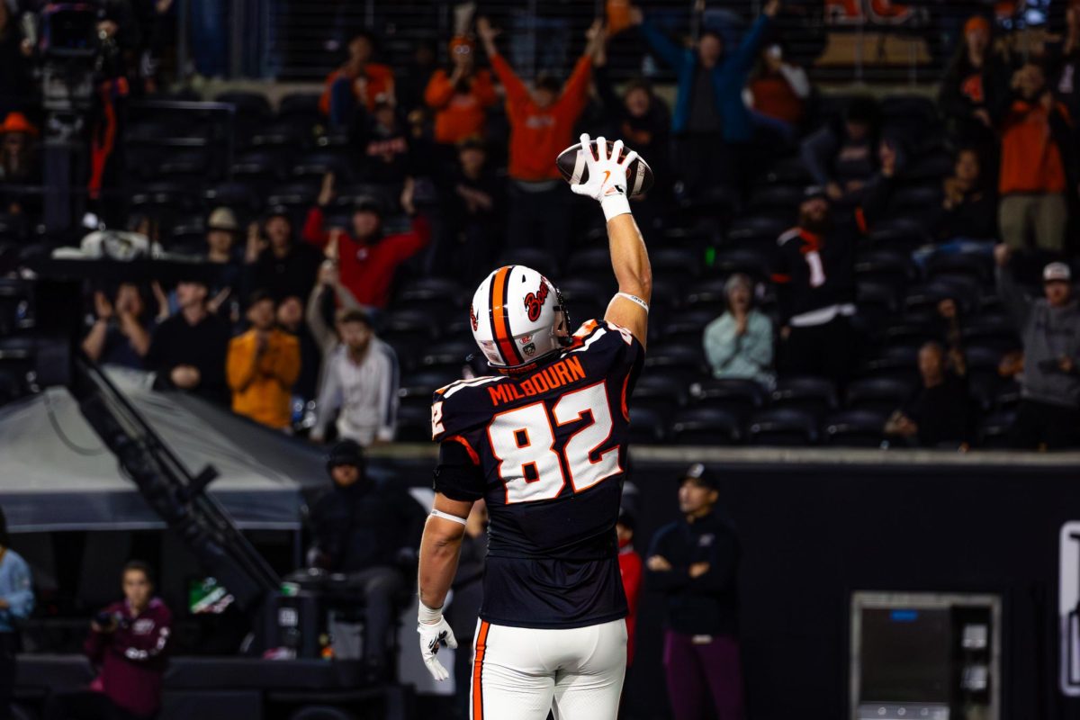 Oregon State TE Gabe Milbourn (82) celebrating a touchdown to advance the Beaver lead. Oregon State defeated Lafayette 45-13 at Reser Stadium in Corvallis on Oct. 18, 2025.