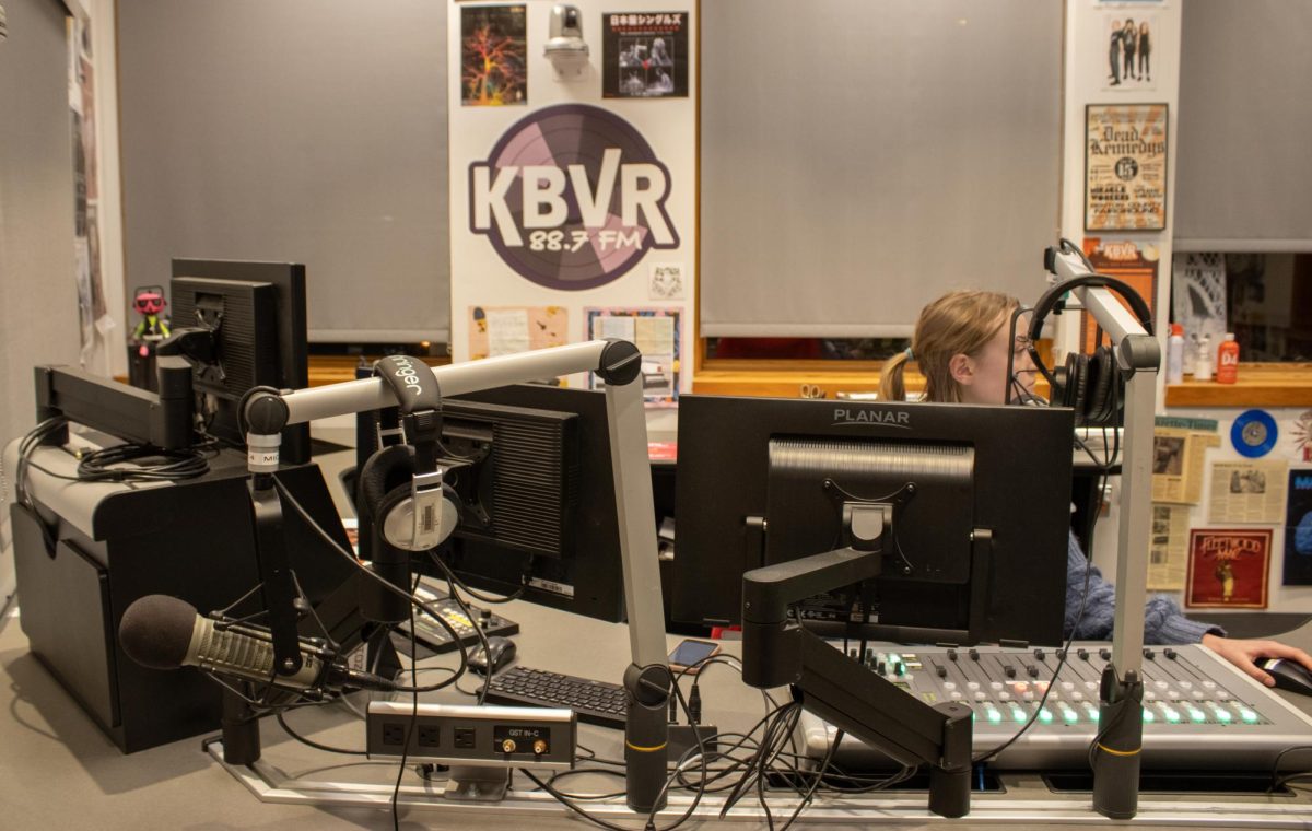 KBVR-FM's broadcasting booth in the Student Experience Center sits empty on Nov. 5, 2025. KBVR broadcasts from the top floor of the Student Experience Center. 