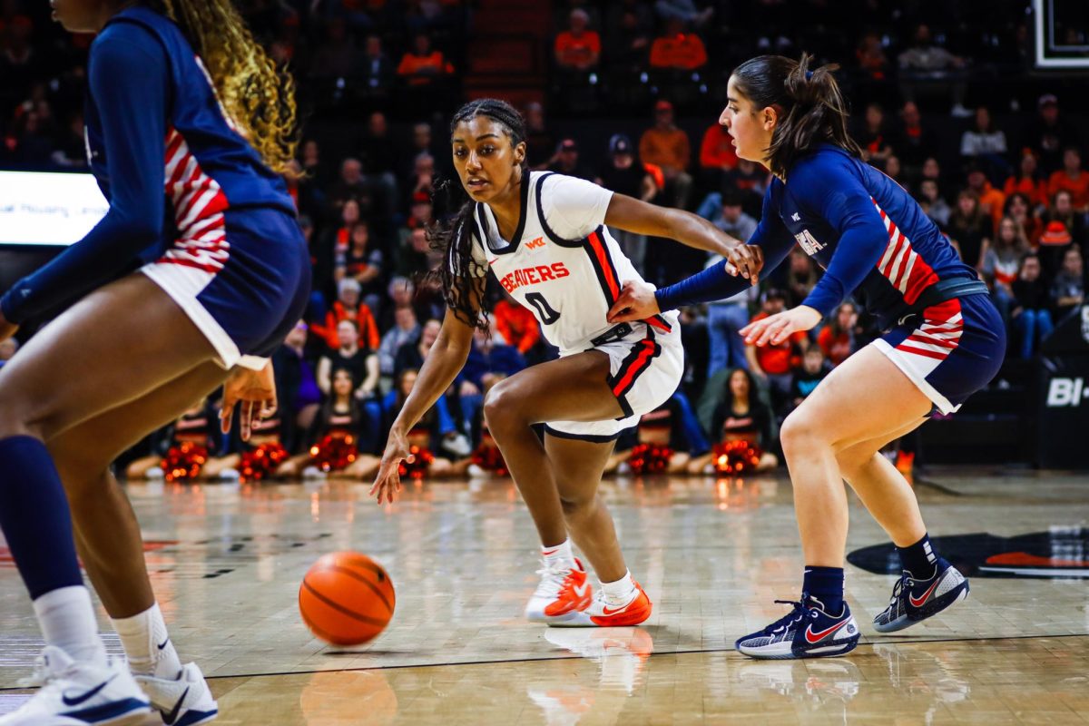 Guard Tiara Bolden (0) dribbles past her defender in Oregon State University’s game against Gonzaga at Gill Coliseum on January 22, 2026.