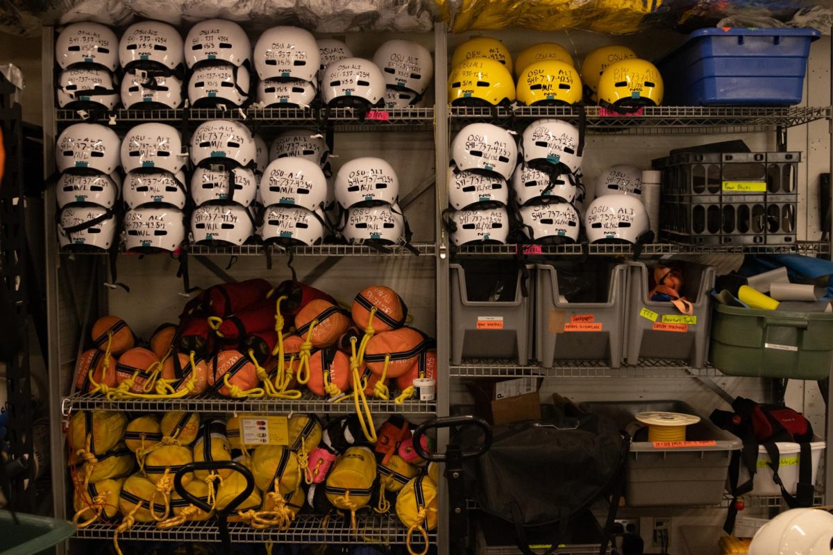 Helmets and various equipment sit in the Adventure Leadership Institute’s
gear closet at Dixon Recreation Center on Nov. 14, 2025. Students can rent out equipment for various winter sports through ALI.