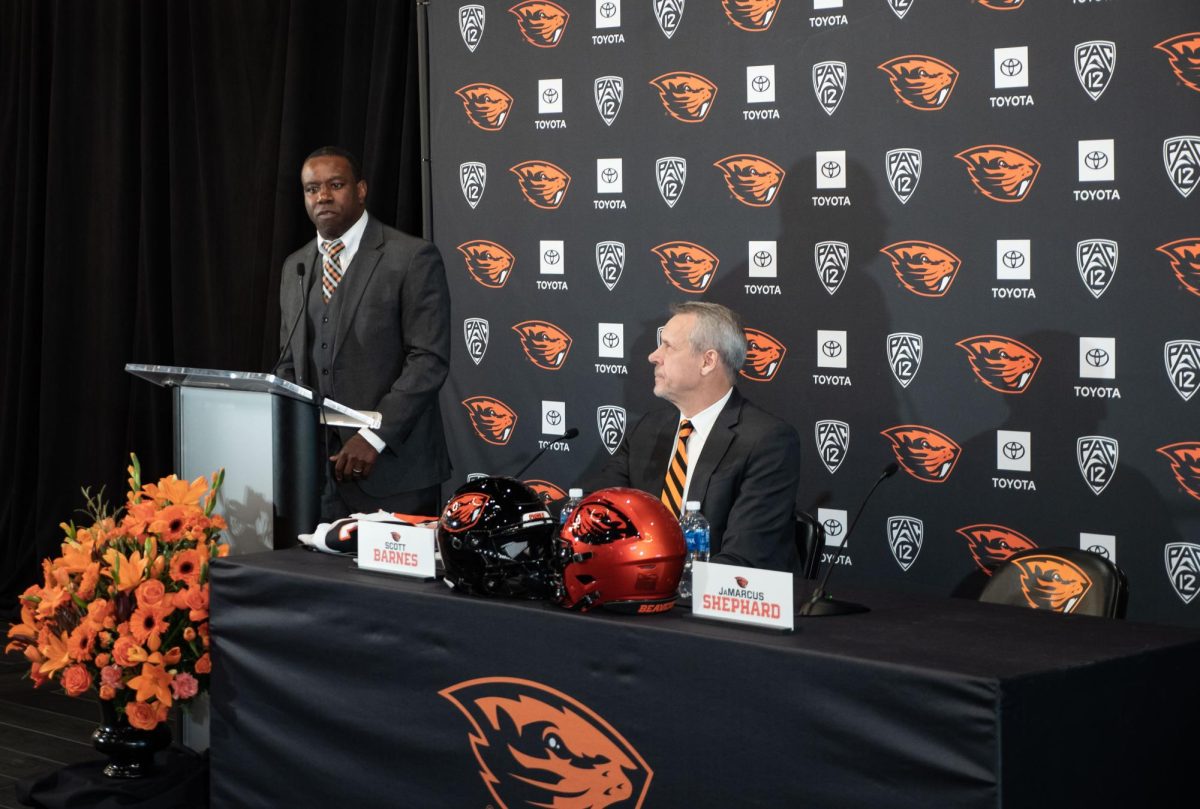 New Oregon State football Head Coach, JaMarcus Shephard, speaks at his introductory press
conference on Dec. 2, 2025, at Reser Stadium in Corvallis.