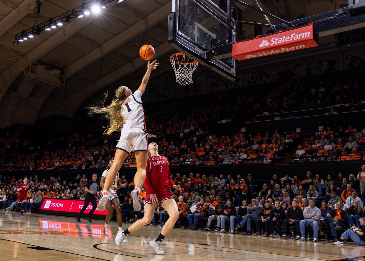 Oregon State University guard Kennedie Shuler goes in for a layup during OSU’s game against Seattle University in Gill Coliseum in Corvallis, Ore., Jan. 10, 2026. The Beavers beat the Redhawks 68-38