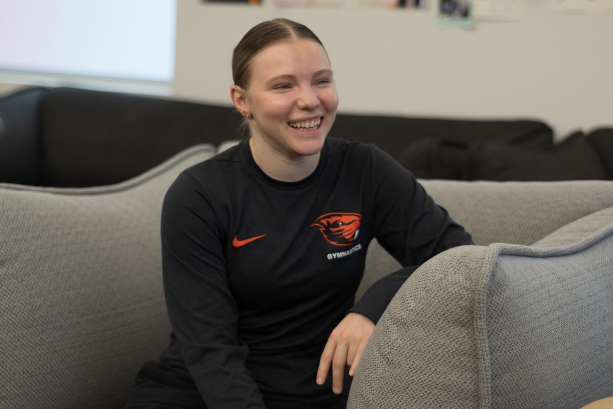 Two-time Olympic gymnast and Student Assistant Coach for Oregon State gymnastics, Jade Carey, sits down for an interview before practice on Dec. 4, 2025, in the Gymnastics Practice Facility. This fall, Jade joined the coaching staff for Oregon State Gymnastics after competing for 4 seasons as a student.