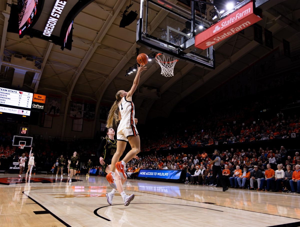 Oregon State guard Kennedie Shuler (#1) goes in for a layup in OSU’s
game against San Francisco at Gill Coliseum in Corvallis, Ore., January 31, 2026. OSU came out on top with a final score of 75-53.