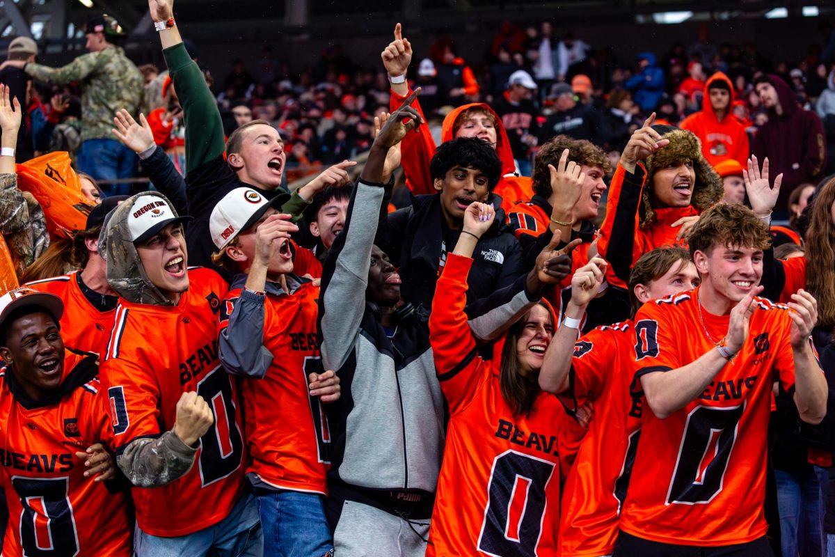 Oregon State fans celebrating during a Beavers football game. The Beavers 2026 football schedule was released Wednesday, with their first game being Sept. 5.