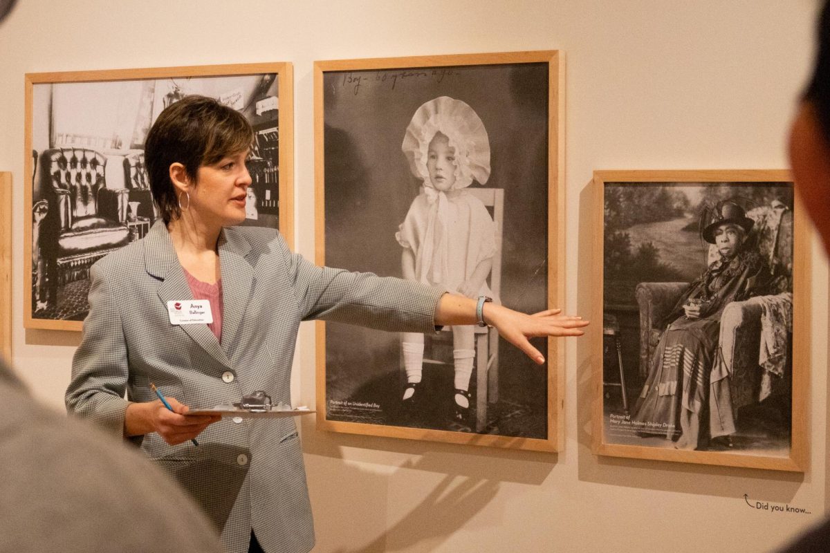 Anya Ballinger, curator of education for the Benton County Historical Society gestures to a portrait of Mary Jane Holmes Shipley Drake. The Black History in Benton County tour features the stories of three African-American individuals who settled in Oregon and was developed with support from Oregon Black Pioneers and Linn-Benton NAACP.