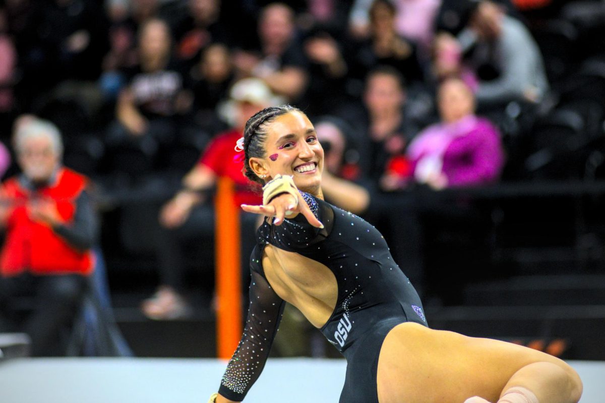 Junior Sophia Esposito in the final pose of her floor routine at the OSU
Gymnastics meet vs. Stanford in Gill Coliseum on Feb. 27, 2026. Esposito scored a 9.900 
for her routine, the highest for the Beavers. 
