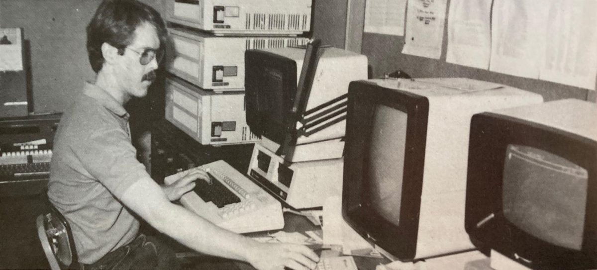 Student Media Production Manager Phil McClain works on a computer in the early 1980s at Oregon State University. The Memorial Union dedicated their concourse gallery to McClain’s collection for the winter 2026 term, who spent his career with student media at OSU.