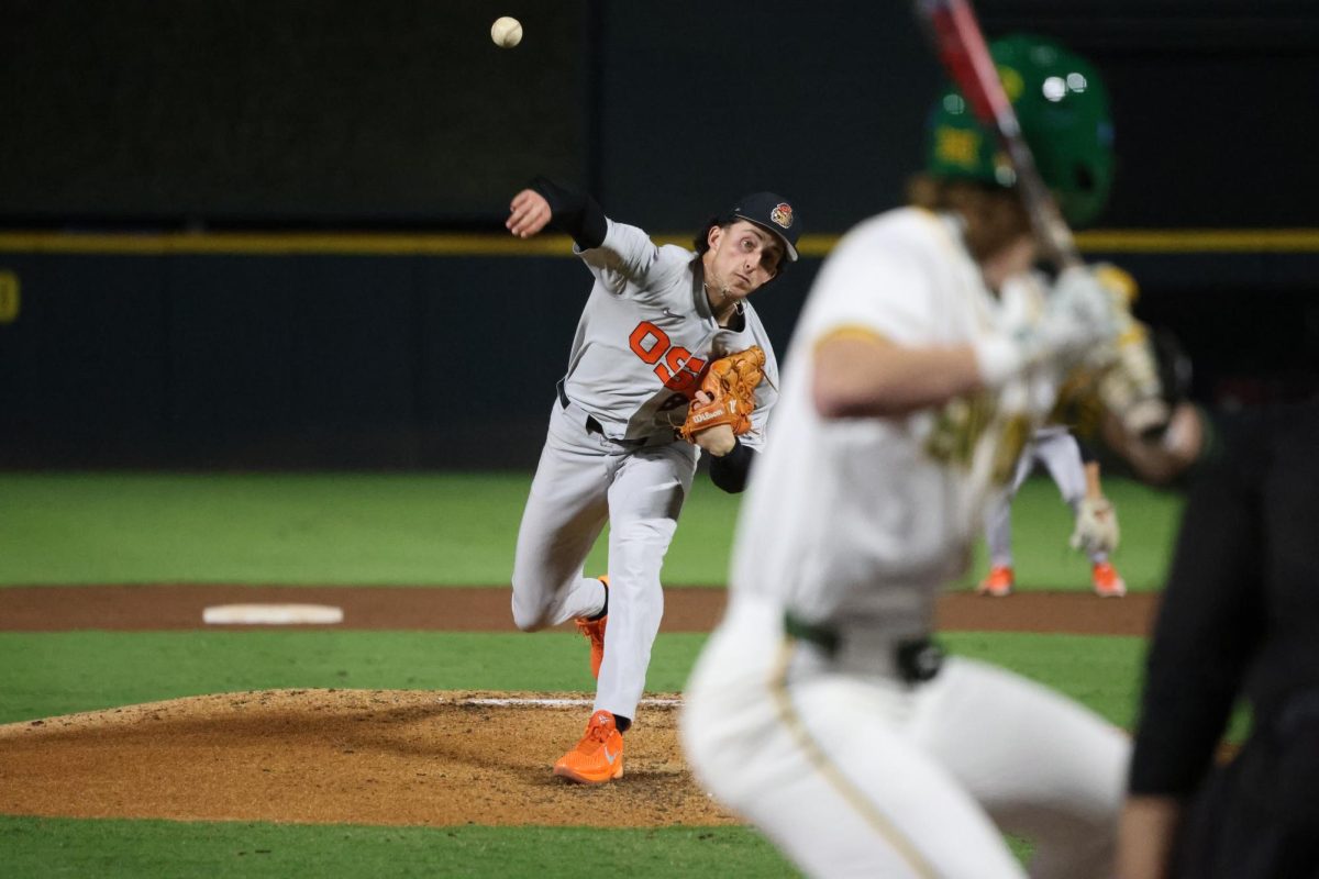 Dax Whitney (8) throws a pitch to a Baylor hitter en route to a 3-1 OSU victory on Feb. 20 in Round Rock, Texas. Whitney struck out 17 in 7.0 innings, tying an OSU strikeout record.