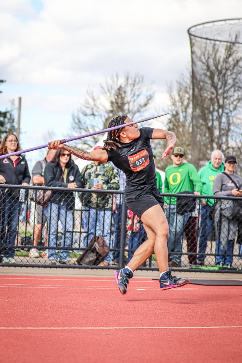 Freshman Kaylen Rabalais lines up to throw in the women’s javelin throw
