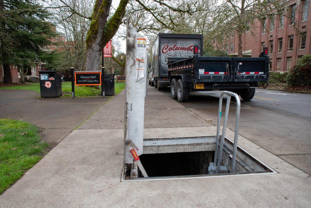 An entrance to the underground tunnels at Oregon State University seen outside of GleesonHall on Campus Way