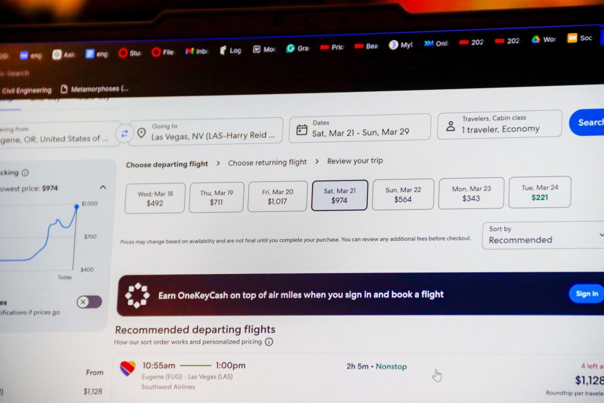 A close-up of Freddy Zamora’s laptop screen shows selected travel dates and airfare
costs for spring break on Feb. 24 at the Student Experience Center.