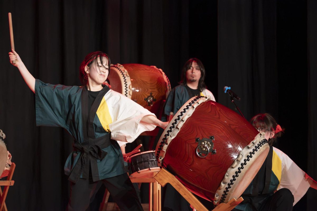 Members of the University of Oregon Ahiru Daiko club perform in the Memorial Union Ballroom on Feb. 28 during the J-Night cultural event. This year’s J-Night theme was “Bunkasai”, an annual festival held by schools in Japan, and the event was held to a sold-out crowd.
