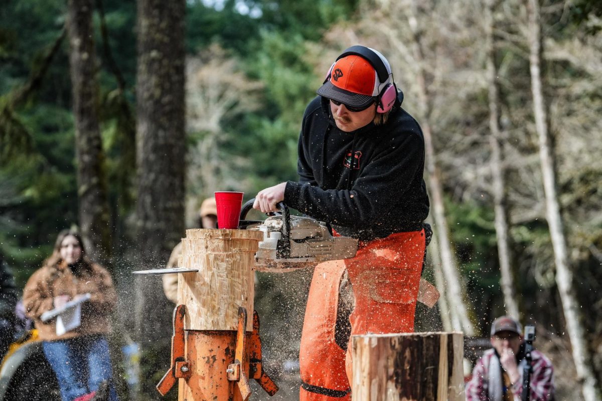 An OSU Logging Sports member cuts “cookies” from a vertical log