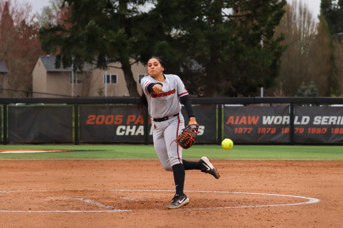 Oregon State University Softball Pitcher, Kimberlee Aleman (16), pitches the ball at the 
home game against Penn State March 11, 2026. The Beavers started off the game with a point in the second inning and later on took the loss 3-1.