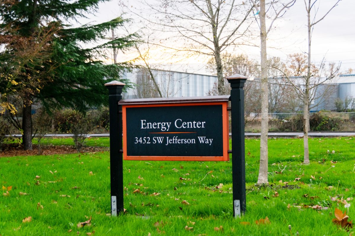 The Oregon State University Energy Center, pictured on Nov. 23, 2021. The
Energy Center has been an important part of reducing the university’s carbon
footprint by providing efficient heating and electricity for the campus.